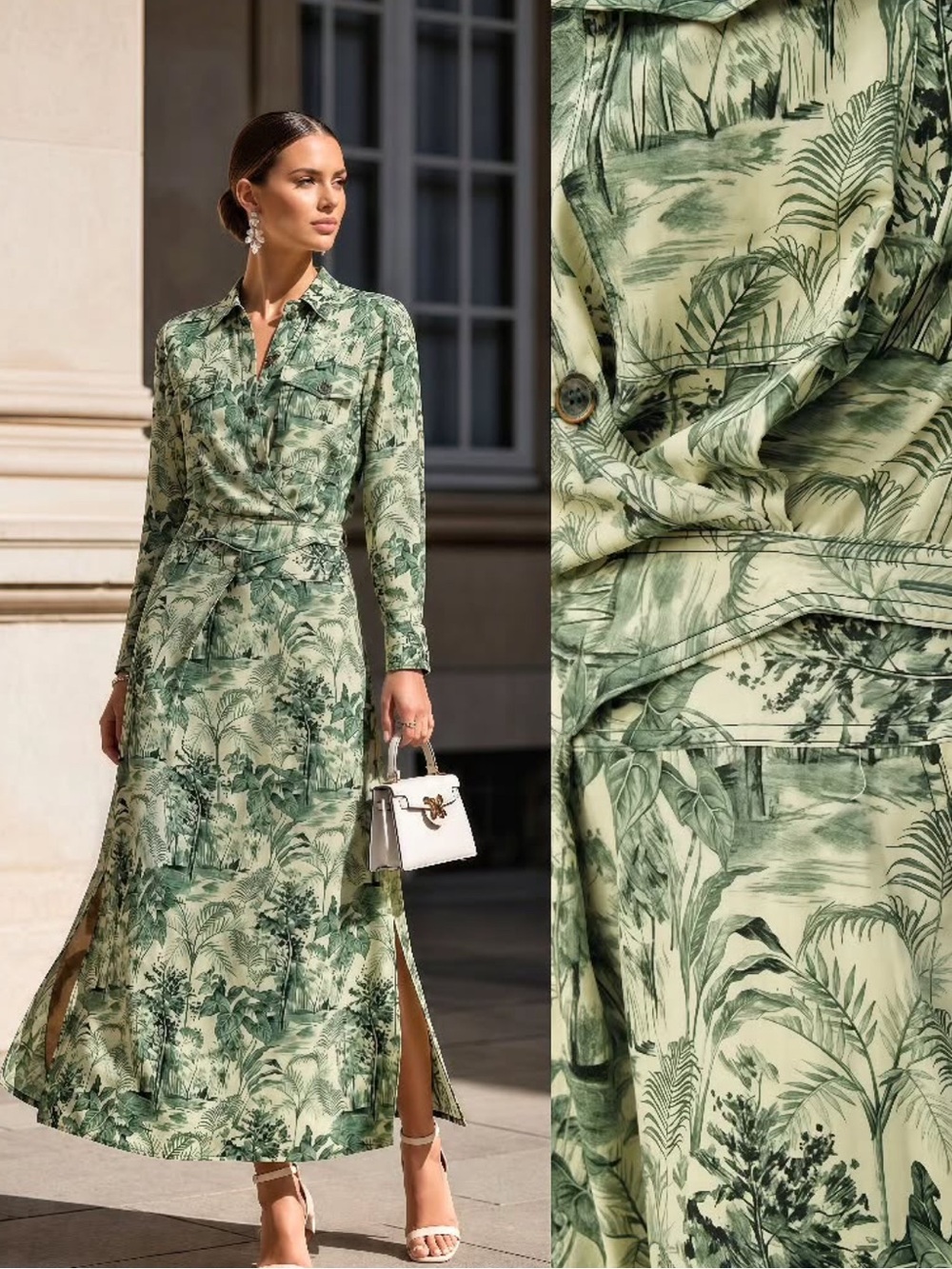 ZARA Printed Pareo Dress XS Linen Blend Green Tropical Botanical Safari Maxi
